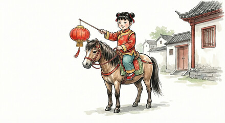 A festive scene of a child in traditional clothing riding a pony, holding a red lantern in a village setting.