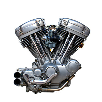Detailed view of a powerful v twin motorcycle engine against a black background