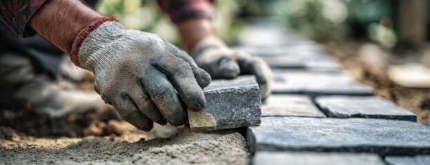 Worker laying stones for a path in home garden with gloves  