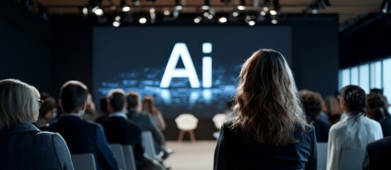 Audience watching artificial intelligence presentation on stage  
