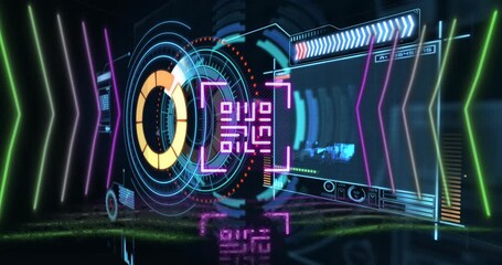 Animation of neon qr code with lines over data processing and scope scanning on black background - Powered by Adobe