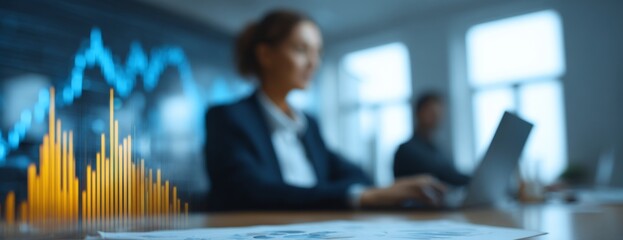 Businesswoman working on laptop at conference table with charts  