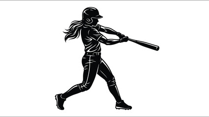 Female baseball player batting silhouette action, woman athlete swinging bat black vector illustration isolated white background © MDSOBAHAN