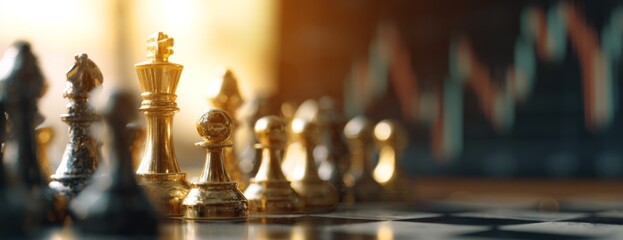 Chess pieces in focus on a dark board with stock market charts  