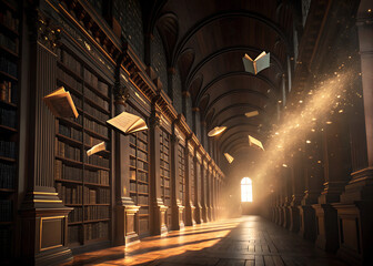 Floating books in grand library corridor with golden light rays
