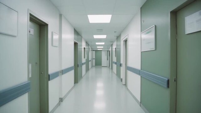 A clean and modern hospital corridor with doors and bright lighting, depicting a serene healthcare environment.