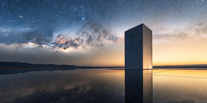 Solitary modern tower by lake beneath starry Milky Way
