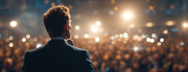 Man in suit giving a speech to large audience on stage