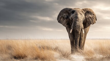 Obraz premium Majestic Elephant Walking Freely Through Protected Grassland Landscape