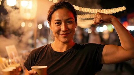 female bodybuilding pose - A confident woman flexes her bicep while holding a cup at a lively night market, surrounded by colorful lanterns and a bustling crowd, radiating joy