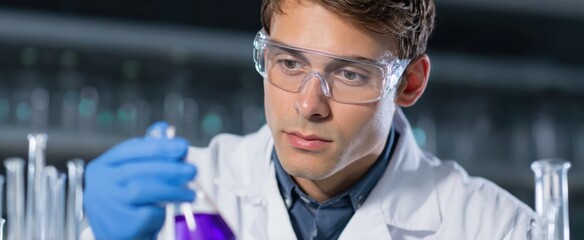 A researcher with goggles doing a chemistry experiment in the lab