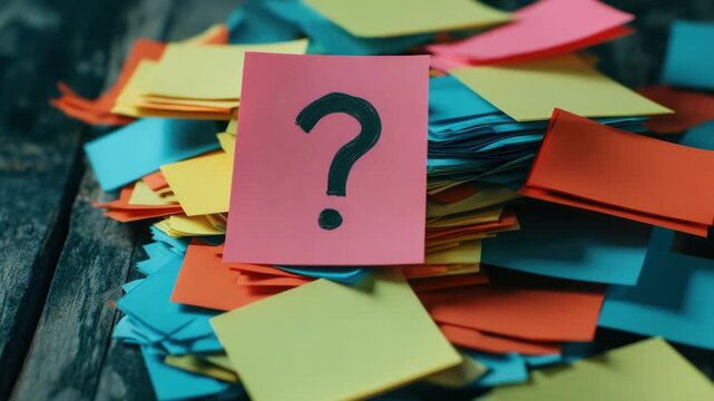 A colorful pile of post-it notes with a prominent question mark.
