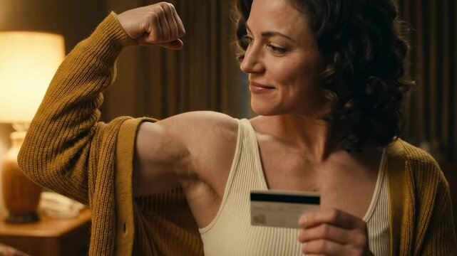 female bodybuilding pose - A confident woman flexes her arm muscle while holding a credit card, sitting on a bed in a cozy room illuminated by a bedside lamp