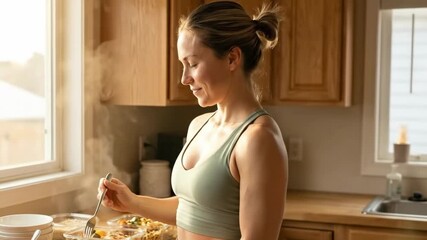 female bodybuilding pose - A fit woman in a kitchen smiling and flexing her arm after preparing a healthy meal, showcasing her strength and dedication to fitness