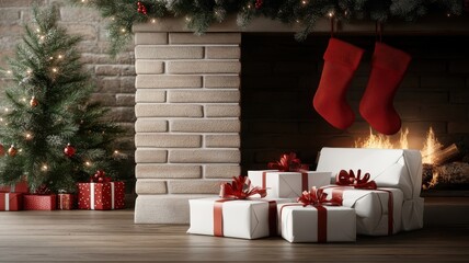 Traditional brick fireplace adorned with Christmas decorations.