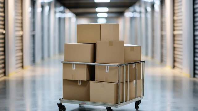 A large industrial warehouse filled with stacked cardboard boxes on a metal pallet.