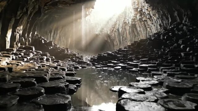 Mesmerizing cavern interior featuring hexagonal basalt columns, sunlight streams, and tranquil water creating a natural wonder