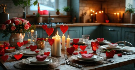 Romantic dinner setup. Table decorated with hearts, candles, roses. Warm kitchen ambiance, cozy lighting creates intimate mood.