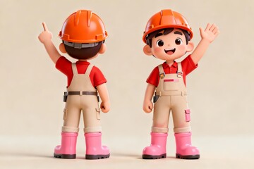 Two animated construction worker figurines in red shirts beige overalls and orange hard hats one facing away and the other waving cheerfully.
