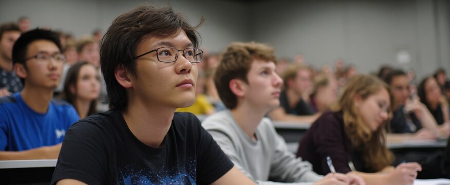 The lecture hall buzzed with focused students diligently taking notes.