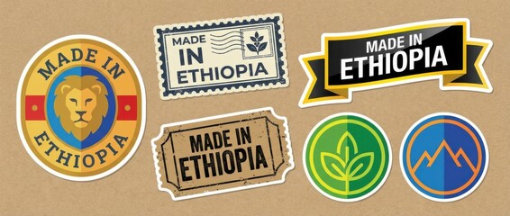 Obraz premium made in ethiopia sticker set featuring multiple badge and label designs with the text made in ethiopia