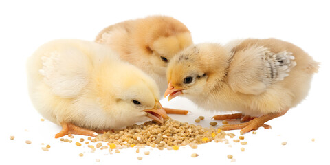 Ultra realistic baby chicks eating small grains together, cute but realistic appearance, soft fluffy yellow and light brown feathers, gentle natural behavior, tiny beaks pecking grain, small grains sc
