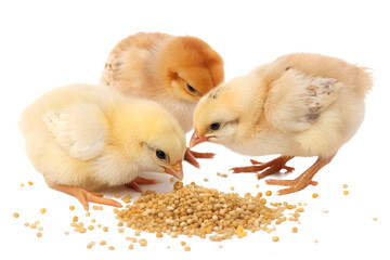 Ultra realistic baby chicks eating small grains together, cute but realistic appearance, soft fluffy yellow and light brown feathers, gentle natural behavior, tiny beaks pecking grain, small grains sc
