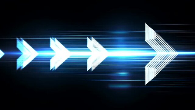 Futuristic arrows surge forward on a dark background with bright blue light