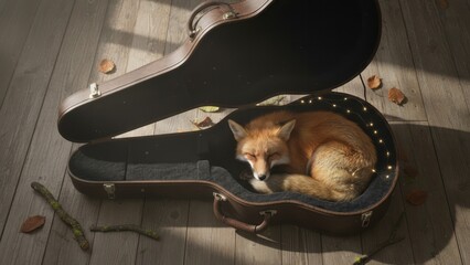 Fox Sleeping in Guitar Case Autumn Wildlife Nature. Concept featuring fox, guitar case, sleeping, autumn, wildlife.