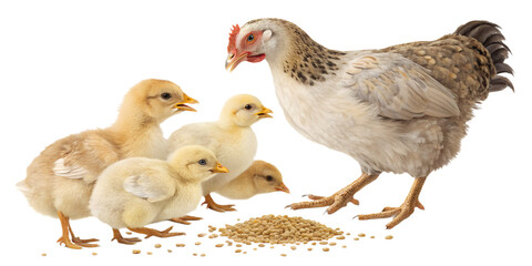 Ultra realistic farm birds group including adult chickens and ducks eating grain together, natural calm feeding behavior, realistic feathers and proportions, cohesive scale and consistent style, small