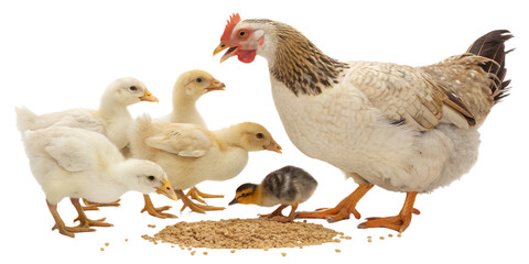 Ultra realistic farm birds group including adult chickens and ducks eating grain together, natural calm feeding behavior, realistic feathers and proportions, cohesive scale and consistent style, small