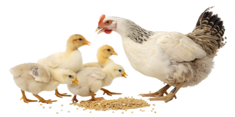 Ultra realistic farm birds group including adult chickens and ducks eating grain together, natural calm feeding behavior, realistic feathers and proportions, cohesive scale and consistent style, small