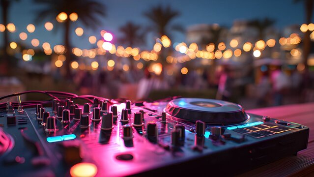 Electronic music Dj. Professional DJ mixing deck controller at a vibrant, crowded outdoor party or event. DJ disk  multiple turntables, a mixer, and a digital display for audio mixing and effects. 