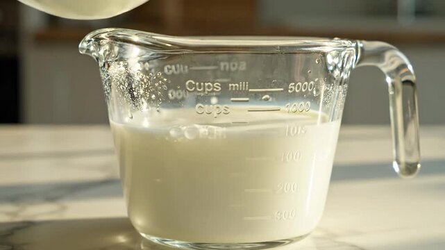 Milk pouring into a glass measuring cup in the kitchen
