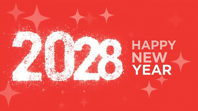 Shiny 2028 year number graphic with abstract particle dust effect and bright glow on a solid red background for happy new year concepts Perfect Any Project.