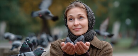 the woman joyfully feeding colorful birds in the sunny park during daytime