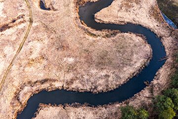 Wild river landscape autumn view from a drone in Poland.