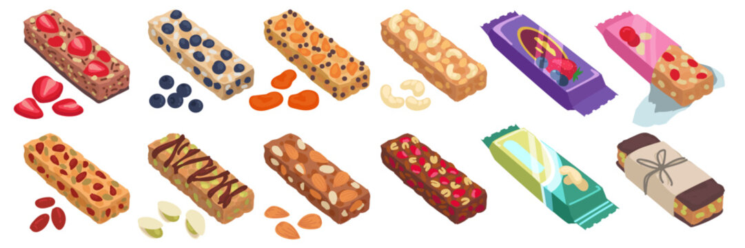 Granola bar. Muesli oats protein. Fitness food. Healthy snack wrappers. Chocolate candy for diet. Sweets packaging for sports energy nutrition. Cereal with dried fruits. Vector cartoon sticker set