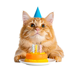 a cat wearing a blue party hat sitting with a birthday cake