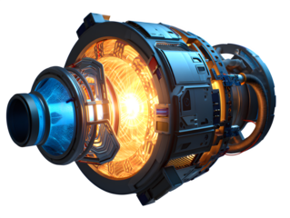 A futuristic high tech engine core glows with intense orange and blue energy