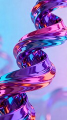 A vibrant metallic spiral with iridescent hues of purple pink and blue against a soft gradient background.