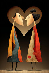 Illustration of man and woman facing each other under large heart on black background. Concept of greeting cards, posters, invitations, and prints. Vertical drawing.