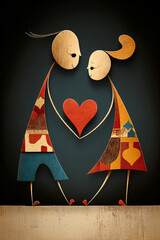 Two figures in love. Man and woman standing close to each other hold their hearts in their hands. Vertical postcard, black background.