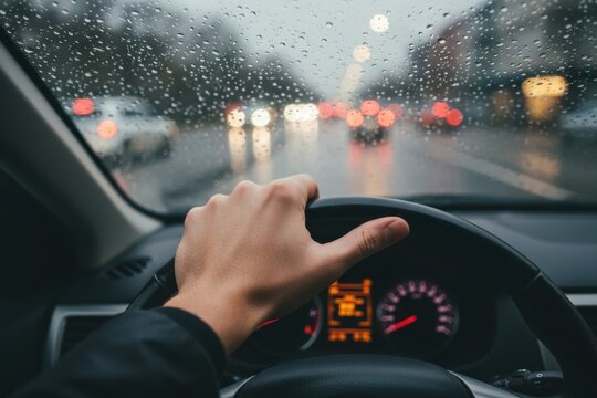 Close-up of a person's hand holding a steering wheel while driving in heavy rain, with blurred street lights visible through the wet windshield.