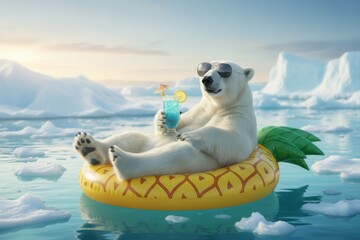 A polar bear wearing sunglasses relaxing on a pineapple floatie in icy waters, holding a blue cocktail.