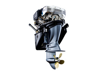 outboard motor with propeller and engine components visible