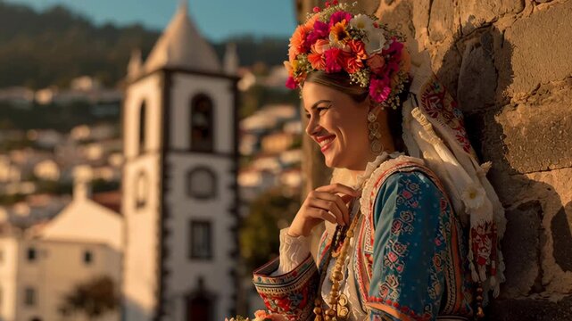 Woman in traditional Portuguese dress with floral headpiece during Madeira Flower Festival, scenic background with historic clock tower and hillside houses