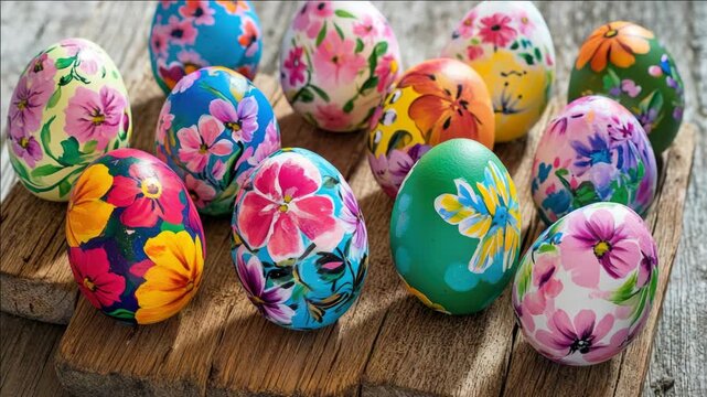 A collection of Easter eggs artistically painted with floral patterns in vibrant colors, displayed on a wooden tray.