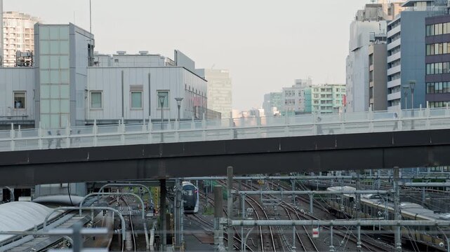 Tokyo Scene : People Crossing a Pedestrian Deck Above the Numerous Tracks at a Commuter Train Terminal  |  Shinjuku Southern Terrace, Tokyo, Japan