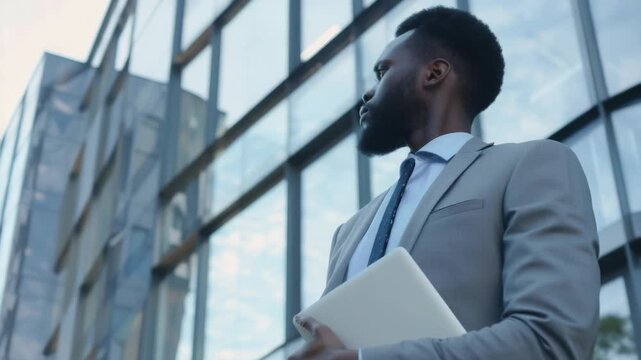 A professional man dressed formally walking outside a modern building during the day.